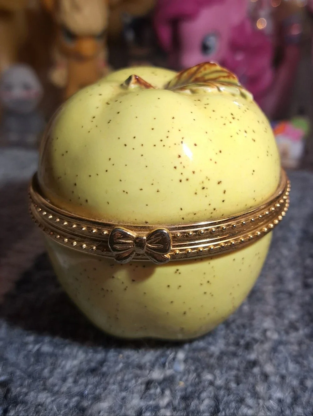 Green Apple Hinged Trinket Box With Bow Fruit OOAK Unqiue